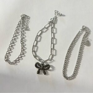 Triple Silver tone Chain Bracelet Set with Bow Pendant.